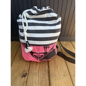 Vintage Roxy Canvas Drawstring Backpack Beach Bag Pink Black White Striped 18"